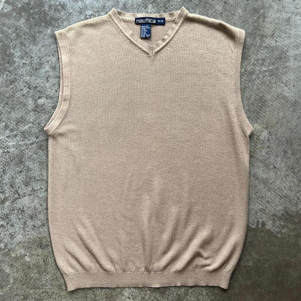 Nautica V-Neck Sweater Vest Tan Brown Silk Cotton Blend Old Money Preppy Medium